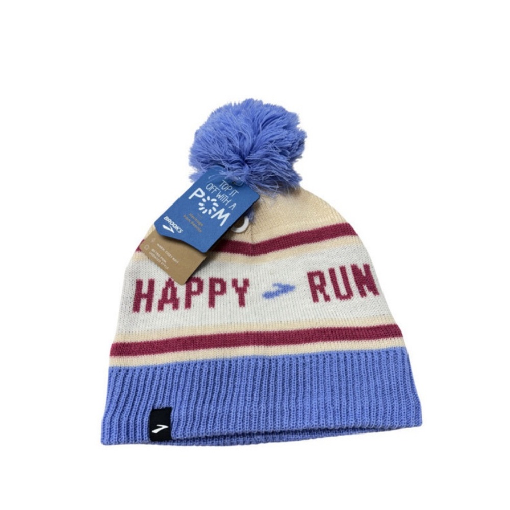 BROOKS Run Happy Heritage Pom Beanie Logo Blue Sand One Size Fits All Brand New!